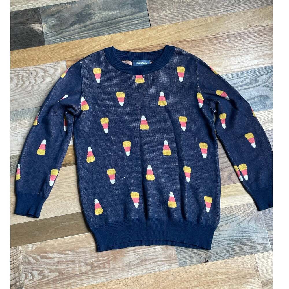 ModCloth XS Halloween Candy Corn Navy Blue Knit Pullover Sweater Fall